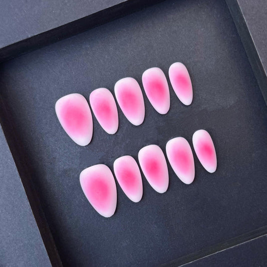 Soft Petal Pink Gradient Matte Press-On Nails. Artificial reusable fake glue on faux manicure nails trendy art.