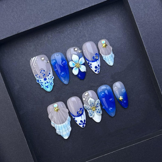 Ocean Blue Floral and Shell Press-On Nails – 3D Summer Beach Nail Set. Artificial reusable fake glue on faux manicure nails trendy art.