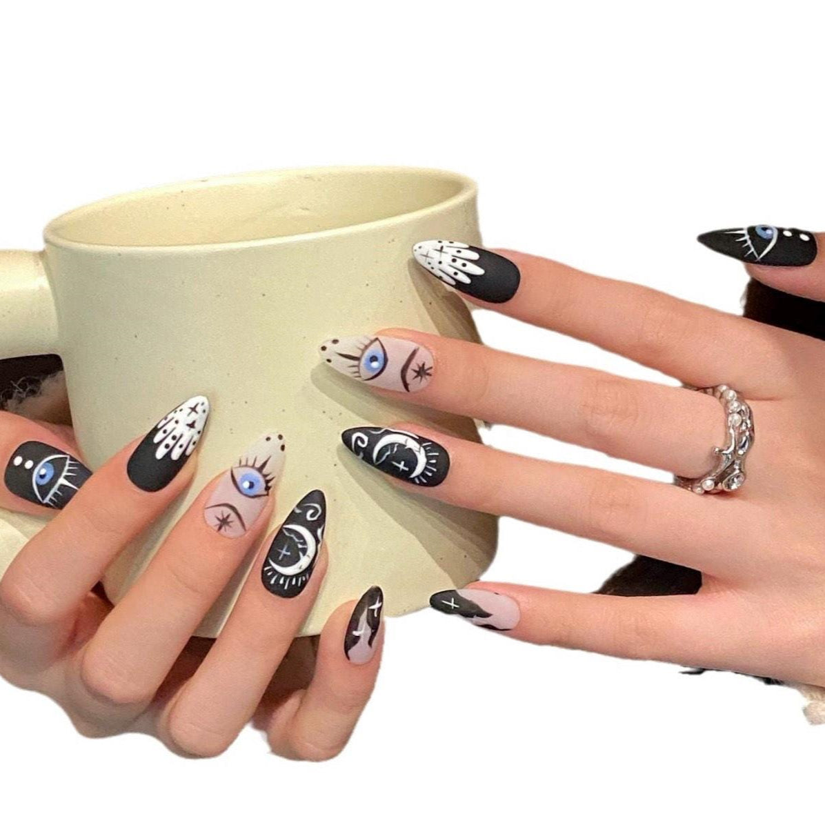 Mystic Eye Press On Nails Black and White Tarot Nails Hand Painted Celestial Nail Art Gothic Spiritual Nail Set Manicure glue on artificial