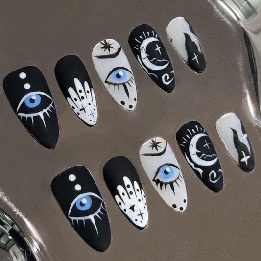 Mystic Eye Press On Nails Black and White Tarot Nails Hand Painted Celestial Nail Art Gothic Spiritual Nail Set Manicure glue on artificial