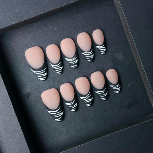 Matte Zebra French Tip Press-On Nails – Nude and Black Animal Print Set. Artificial reusable fake glue on faux manicure nails trendy art.