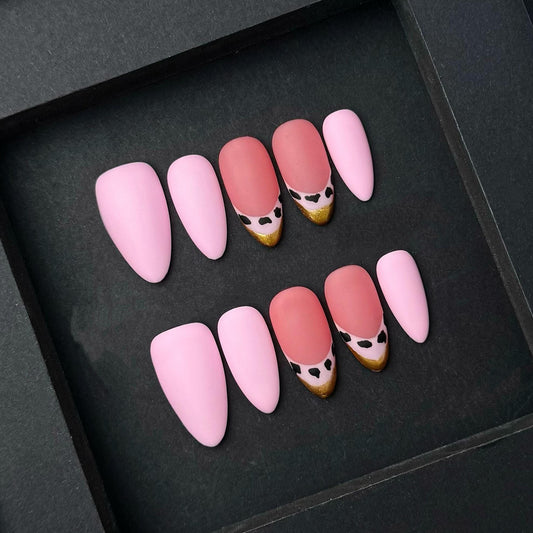 Matte Pink and Leopard Tip Press-On Nail Set – Wild Glam in Soft Tones. Artificial reusable fake glue on faux manicure nails trendy art.