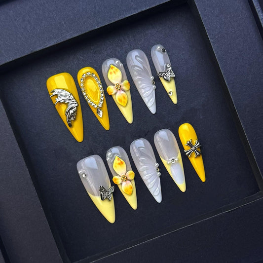 Yellow and Grey Press On Nails with 3D Flowers Crystals and Metallic Charms artificial reusable fake glue on faux manicure nails trendy art