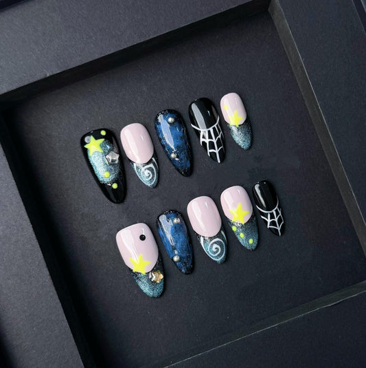 Cosmic Galaxy Press On Nails with Stars Swirls and Spiderweb Accents artificial reusable fake glue on faux manicure nails trendy art