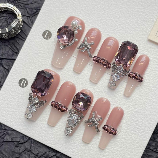 Luxury Rhinestone Nude Press On Nails artificial reusable fake glue on faux manicure nails trendy art