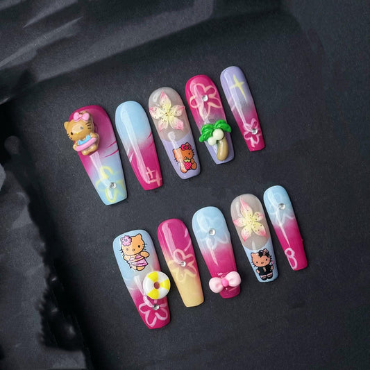 Tropical Kitty Vacation Press On Nails Artificial reusable fake glue on faux manicure nails trendy art