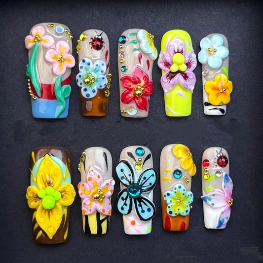 Handmade 3D Flower Garden Press On Nails Spring Ladybug Floral Nail Art Set Manicure glue on artificial fake faux reusable trendy nail