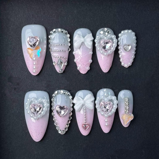 Luxury Pearl Bow Heart Press On Nail Pink Glitter Ombre Rhinestone 3D Elegant Set Manicure glue on artificial fake faux reusable trendy nail