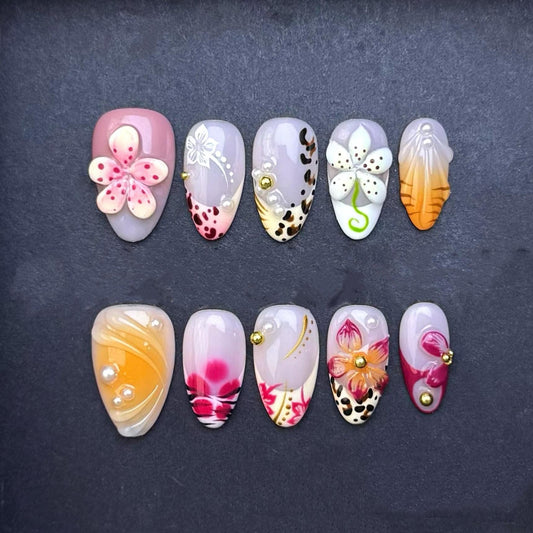Tropical Safari Floral Press On Nails Set with Leopard Print and 3D Flowers Artificial reusable fake glue on faux manicure nails trendy art
