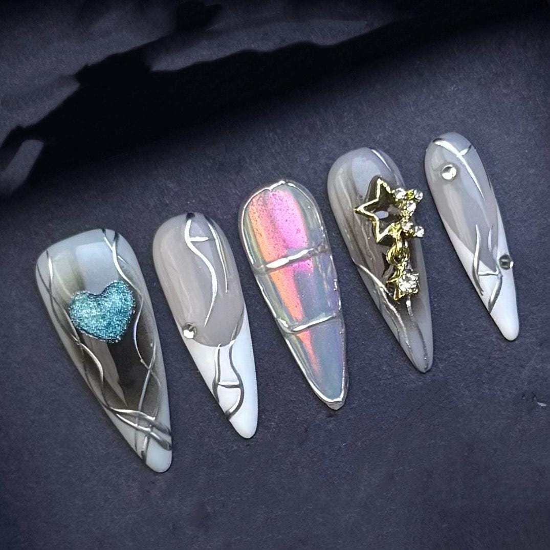 Chrome Galaxy Press On Nails with Stars Hearts and Silver Line Art Artificial reusable fake glue on faux manicure nails trendy art