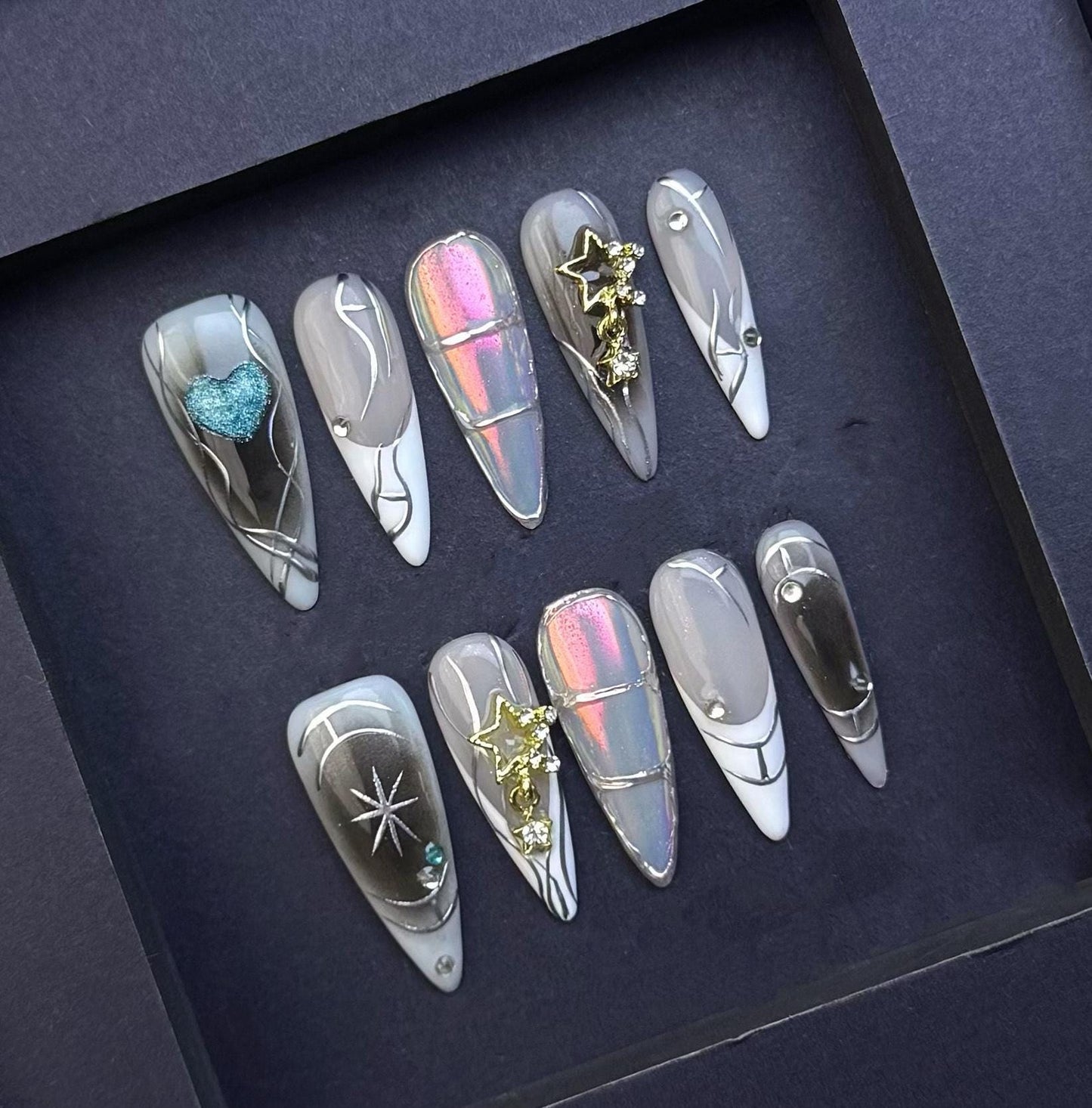 Chrome Galaxy Press On Nails with Stars Hearts and Silver Line Art Artificial reusable fake glue on faux manicure nails trendy art