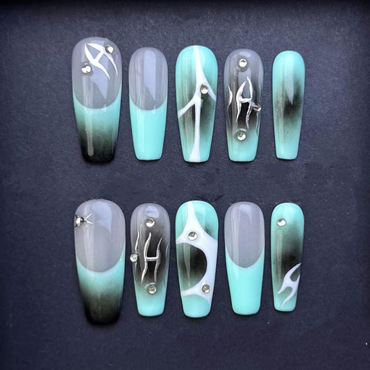 Aqua Smoke Press On Nails with Silver Runes and Rhinestone Accents Artificial reusable fake glue on faux manicure nails trendy art
