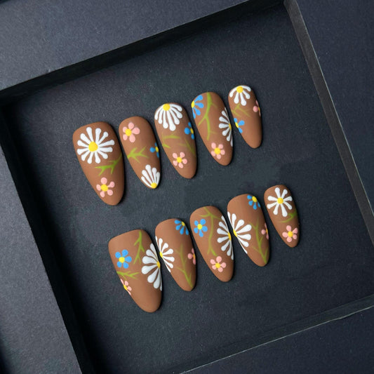 Brown Floral Press On Nails Matte Hand Painted Daisies and Wildflowers  Aesthetic. Artificial reusable fake glue on faux manicure nails art.