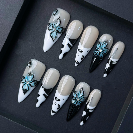 Black and White Press On Nails with Blue 3D Flowers Abstract French Tips. Artificial reusable fake glue on faux manicure nails trendy art.