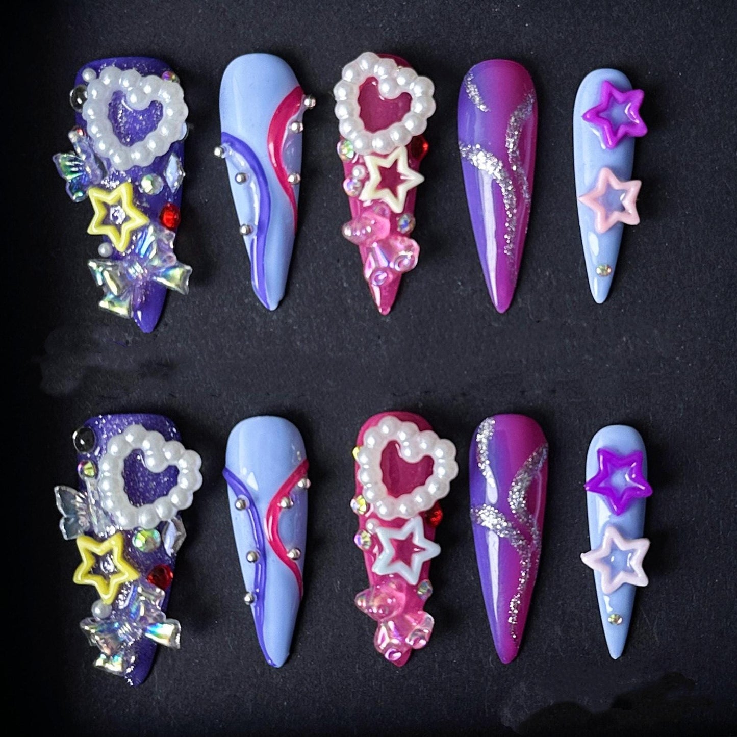 Kawaii Purple and Pink Star Heart Press On Nails With Pearls and Glitter Manicure glue on artificial fake faux reusable trendy nail