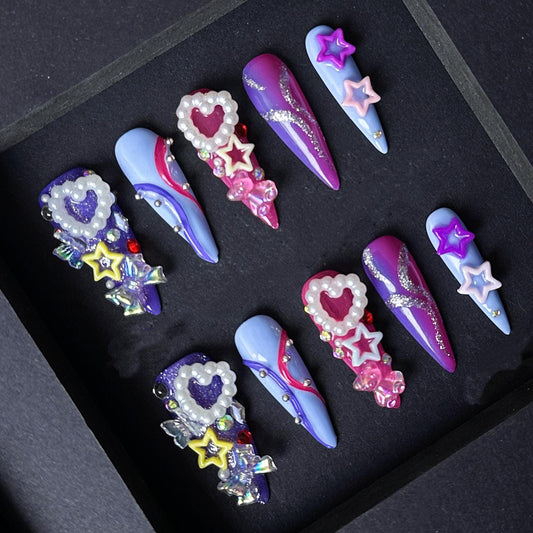 Kawaii Purple and Pink Star Heart Press On Nails With Pearls and Glitter Manicure glue on artificial fake faux reusable trendy nail