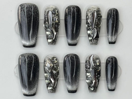 Black Glitter Ombre with 3D Silver Galaxy Press On Nails Manicure glue on artificial fake faux reusable trendy nail
