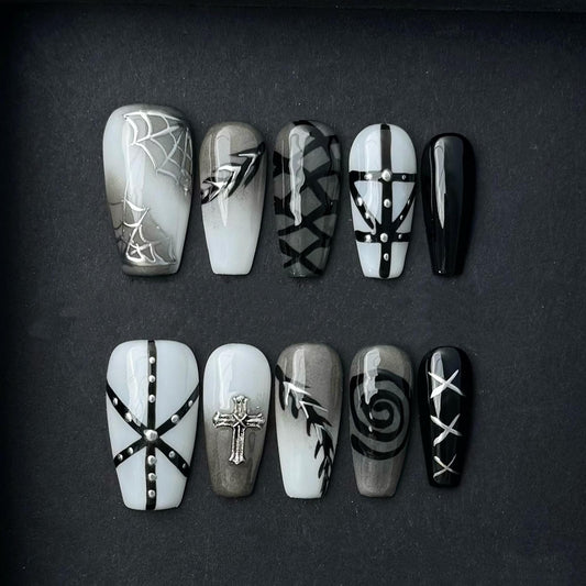 Gothic Black and White Press On Nails with Webs Cross Chains and Straps. Artificial reusable fake glue on faux manicure nails trendy art.