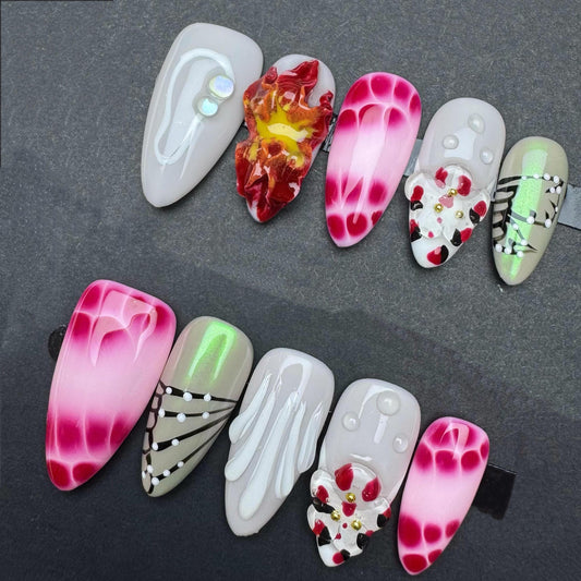 Abstract Red Dot and 3D Art Press On Nails with Flames Pearls and Green Accents. Artificial reusable fake glue on faux manicure nails art.