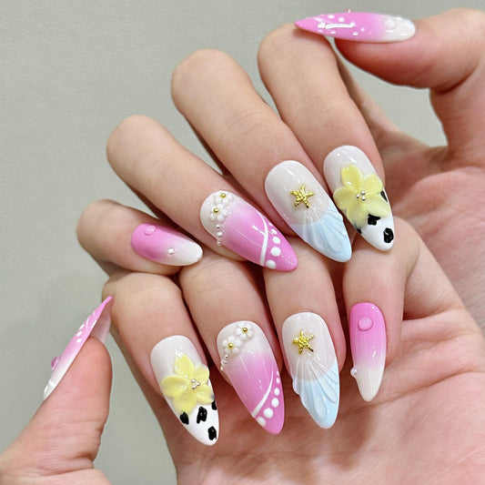 Tropical Pink and Blue Press On Nails with 3D Flower Starfish and Polka Dot Accent. Artificial reusable fake faux manicure nails trendy art.