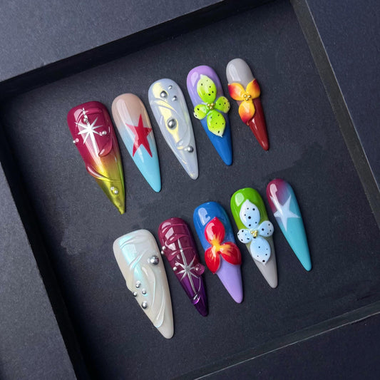 Tropical Starburst Press On Nails with 3D Flowers Bright Colors and Pearl Accents. Artificial reusable fake  faux manicure nails trendy art.