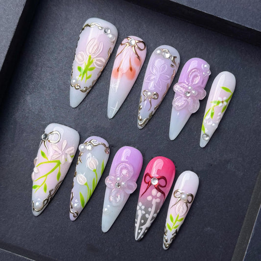 3D Floral Fairy Garden Press On Nails with Pearls and Hand Painted Bows artificial reusable fake glue on faux manicure nails trendy art