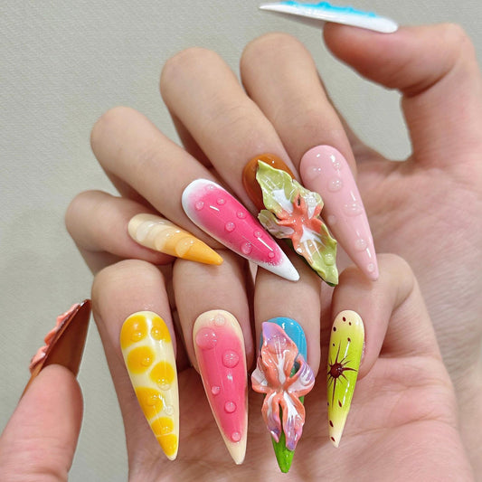 Abstract Botanical Press On Nails–Tropical Bloom with 3D Flower and Gradient Drops. Artificial reusable fake glue on faux nail trendy art.