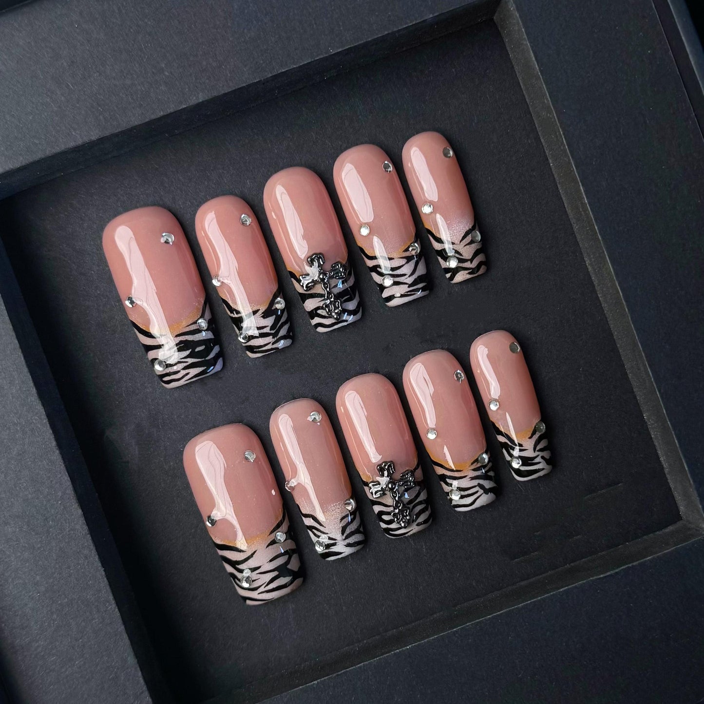 Zebra French Tip Press On Nails with Rhinestones and Gothic Cross Accent Artificial reusable fake glue on faux manicure nails trendy art