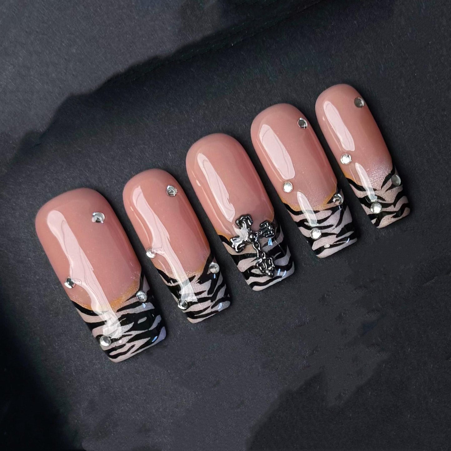 Zebra French Tip Press On Nails with Rhinestones and Gothic Cross Accent Artificial reusable fake glue on faux manicure nails trendy art