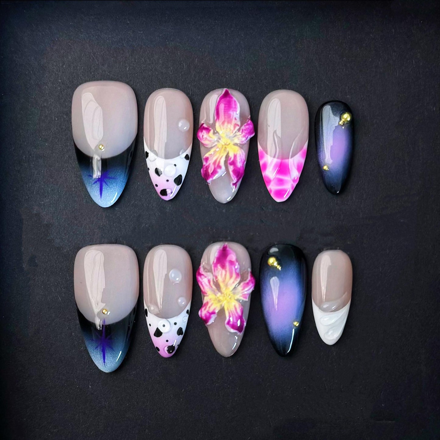Mixed Aesthetic Press On Nails with 3D Orchid Cow Print and Galaxy Gradient Artificial reusable fake glue on faux manicure nails trendy art