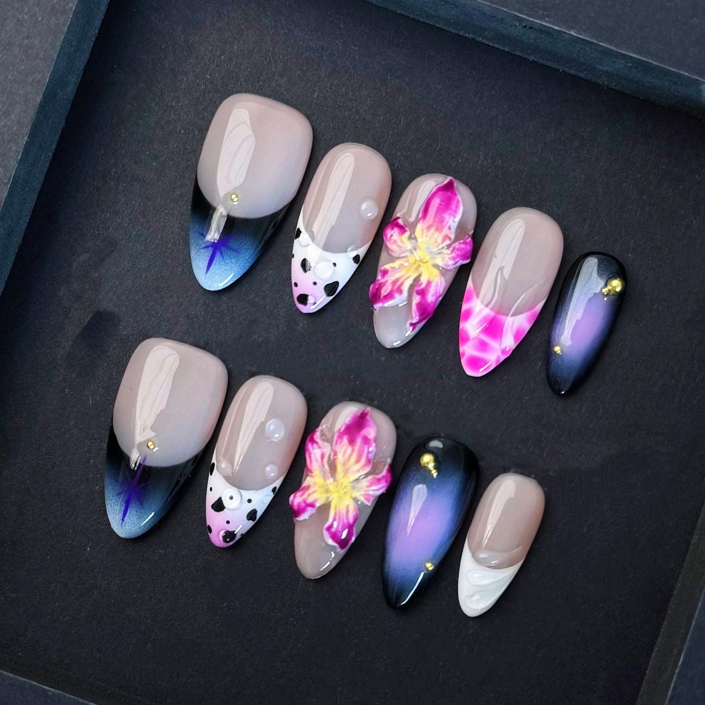 Mixed Aesthetic Press On Nails with 3D Orchid Cow Print and Galaxy Gradient Artificial reusable fake glue on faux manicure nails trendy art