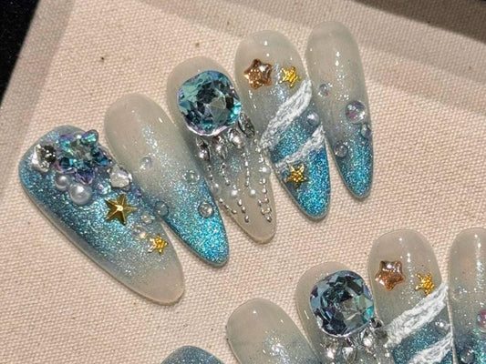 Celestial Galaxy Blue Press On Nails with 3D Jewels and Stars Manicure glue on artificial fake faux reusable trendy rhinestone cosmic nail