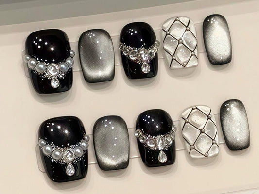 Black and Silver Press On Nails with Pearl Rhinestone Charms and Quilted Accent Manicure glue on artificial fake faux reusable trendy nail