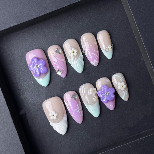 Pastel Garden Press On Nails with 3D Purple Flowers and Butterfly Charms artificial reusable fake glue on faux manicure nails trendy art