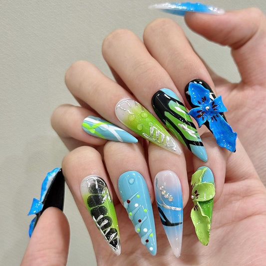 Neon Jungle Press On Nails with 3D Orchids and Tropical Abstract Art Artificial reusable fake glue on faux manicure nails trendy art