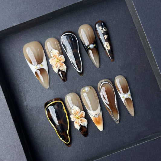 Tortoise Shell Press On Nails with Neutral Tones and 3D Orchid Accent artificial reusable fake glue on faux manicure nails trendy art