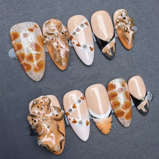 Brown Giraffe Print Press On Nails – Safari Animal 3D Heart Charm Nail Art Set. Artificial reusable glue on faux manicure nails trendy art.