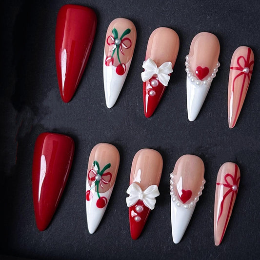 Cute Cherry & Bow Press On Nails–Red White Pearl Accent Valentine’s Design. Artificial reusable fake glue on faux manicure nails trendy art.