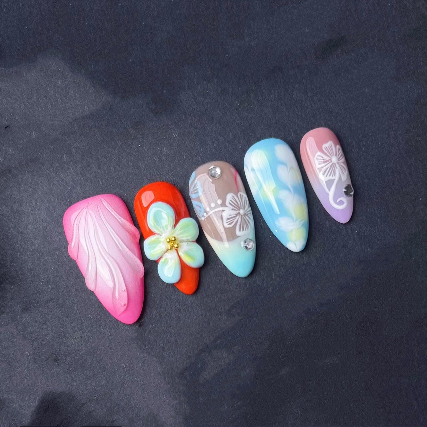Tropical Floral Gradient Press-On Nails with 3D Flowers and Butterfly Art. Artificial reusable fake glue on faux manicure nails trendy art.