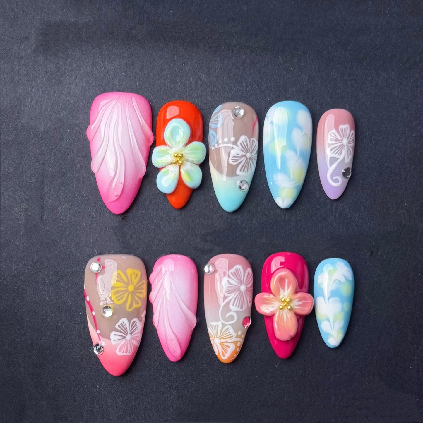 Tropical Floral Gradient Press-On Nails with 3D Flowers and Butterfly Art. Artificial reusable fake glue on faux manicure nails trendy art.