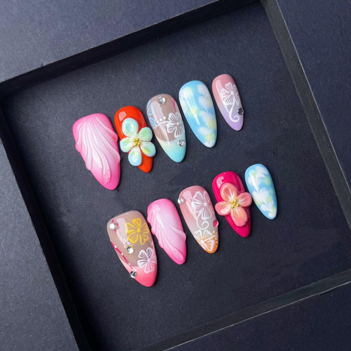 Tropical Floral Gradient Press-On Nails with 3D Flowers and Butterfly Art. Artificial reusable fake glue on faux manicure nails trendy art.