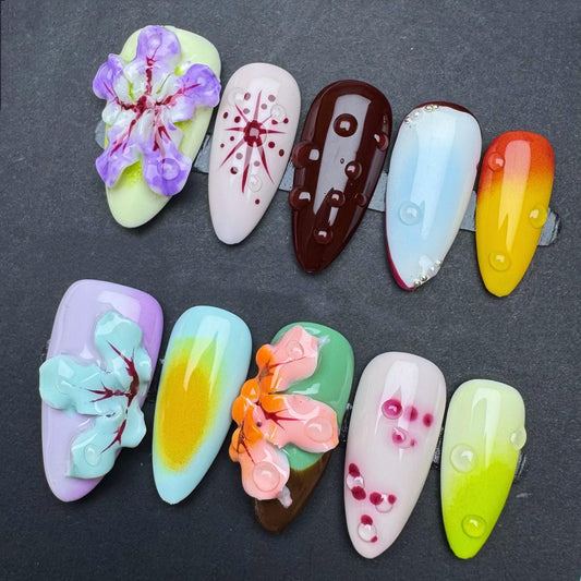 Bright Bloom Abstract Press-On Nails – 3D Floral Accents with Water Droplet & Ombre Effects. Artificial reusable manicure nails trendy art.