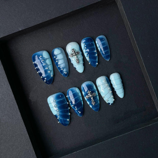 Blue Gothic Cross Press-On Nails with Rhinestone Accents. Artificial reusable fake glue on faux manicure nails trendy art.