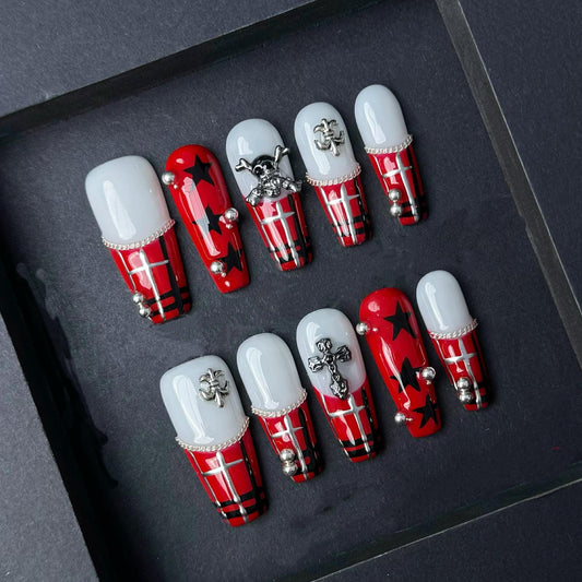 Gothic Red Plaid Press On Nails with Skulls Stars and Cross Charms Manicure press on artificial glue on faux reusable trendy nail