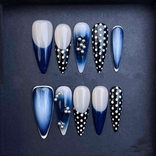 Navy Ombre and Polka Dot Press On Nails with Silver Pearl Accents Manicure press on artificial glue on faux reusable trendy nail