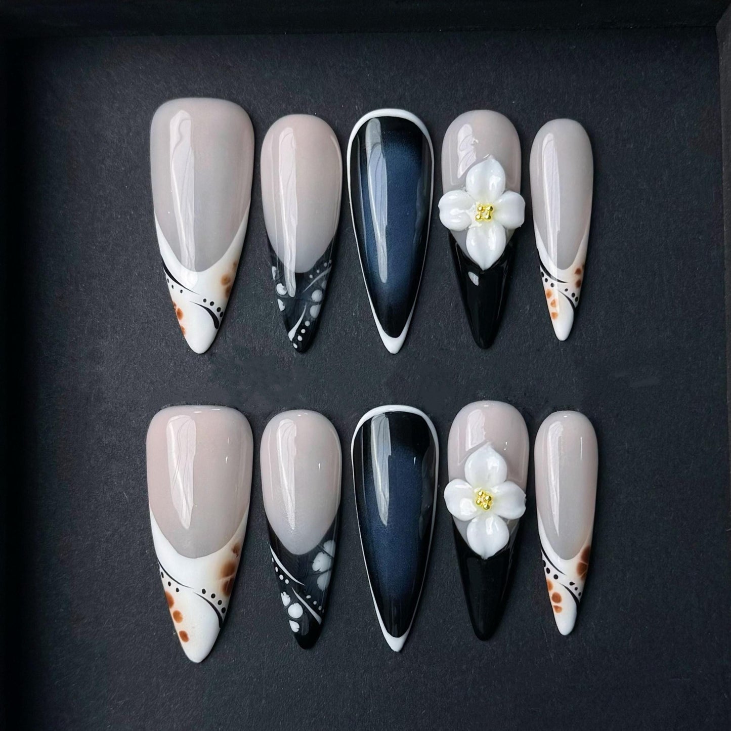 Black and White Floral Press On Nails with Elegant Dot and Line Accents Manicure press on artificial glue on faux reusable trendy nail