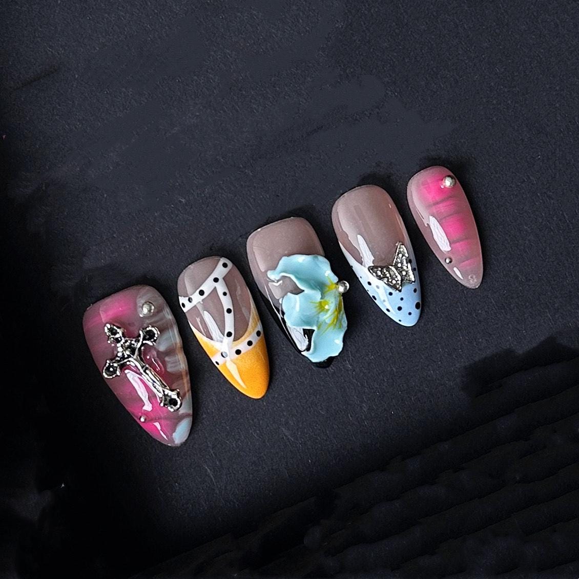 Mixed Design Press On Nails with Cross Hearts Butterfly and 3D Flower Charms Manicure press on artificial glue on faux reusable trendy nail