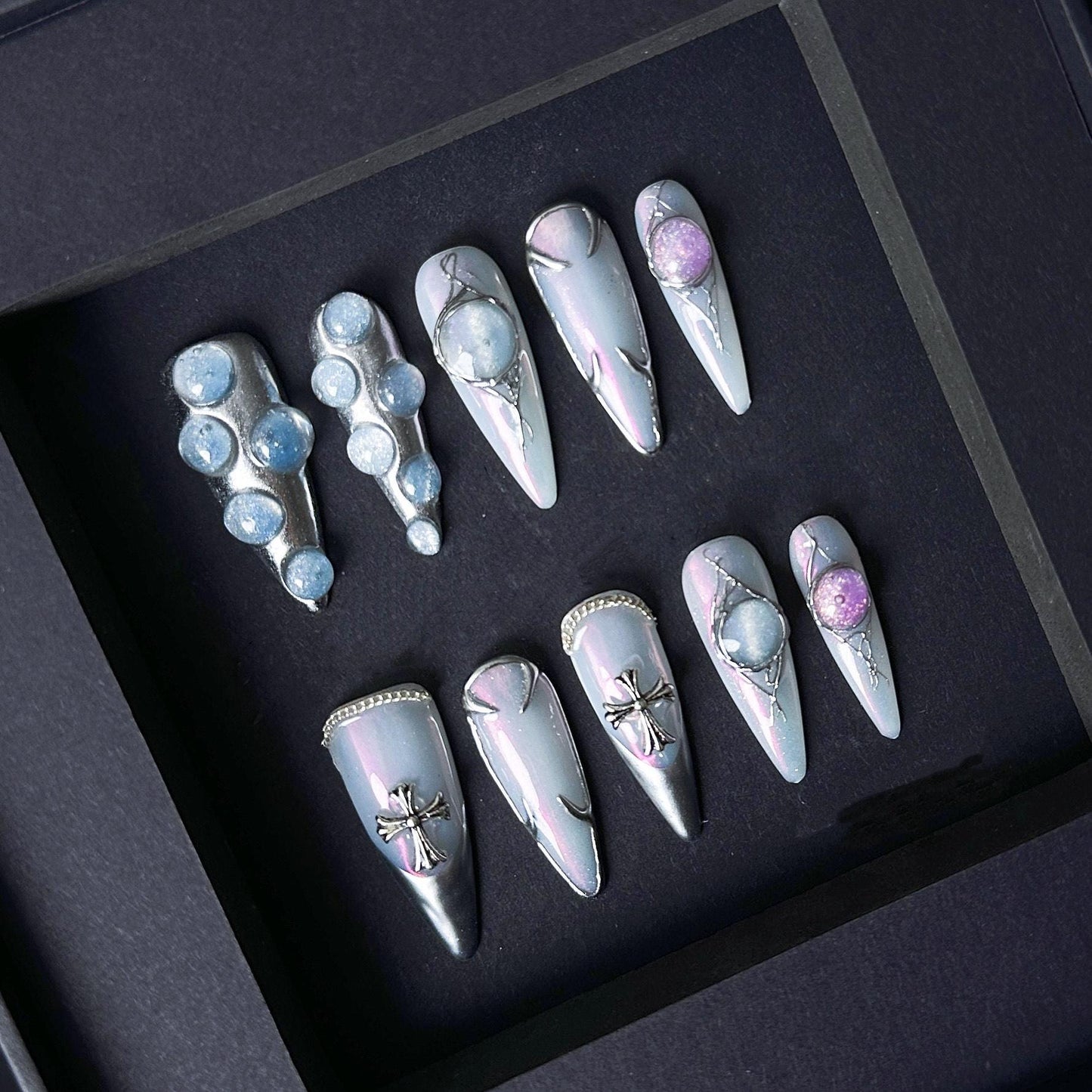 Galaxy Pearl Chrome Press On Nails with Iridescent Orb Accents Manicure press on artificial glue on faux reusable trendy nail