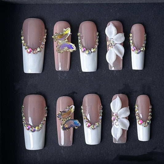 Nude and White Rhinestone Press On Nails with Butterfly and 3D Flower Accents Manicure press on artificial glue on faux reusable trendy nail