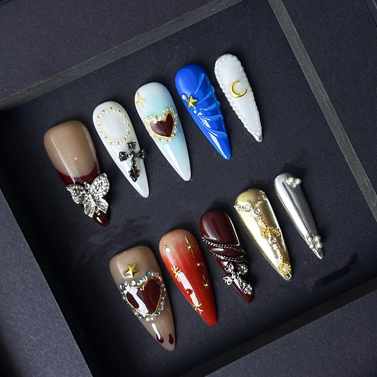 Gothic Red and Metallic Press On Nails with Charms and Star Accents Manicure press on artificial glue on faux reusable trendy nail
